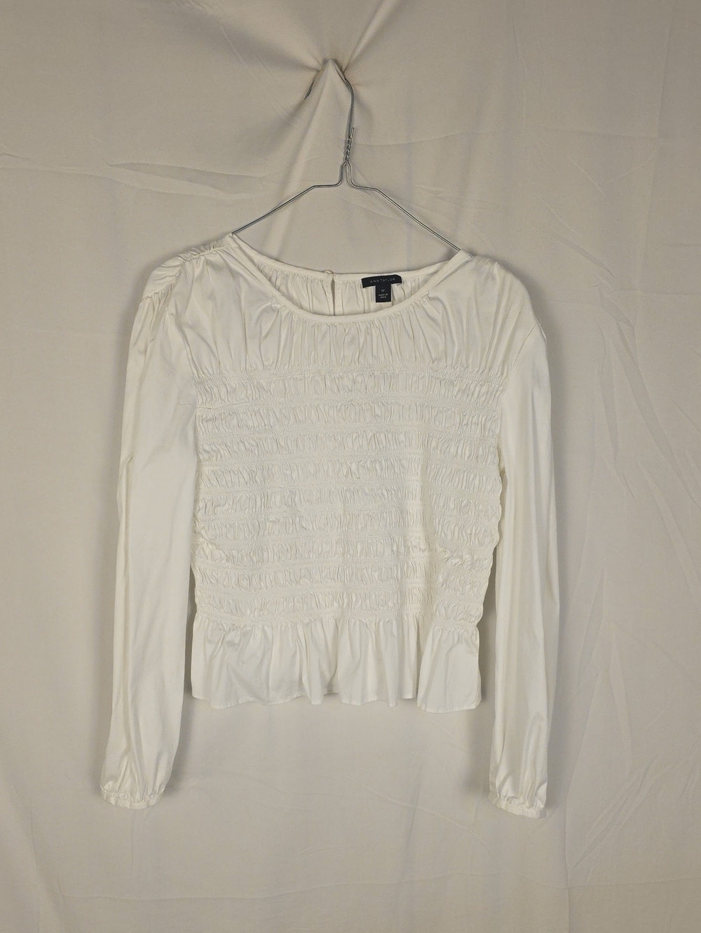 Ann Taylor White Smocked Long-Sleeve Peplum Top